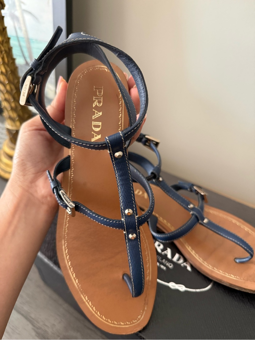 Prada Saffiano Leather T-Strap Sandals in Navy Blue 7-7.5 ( EU Size 37.5 )